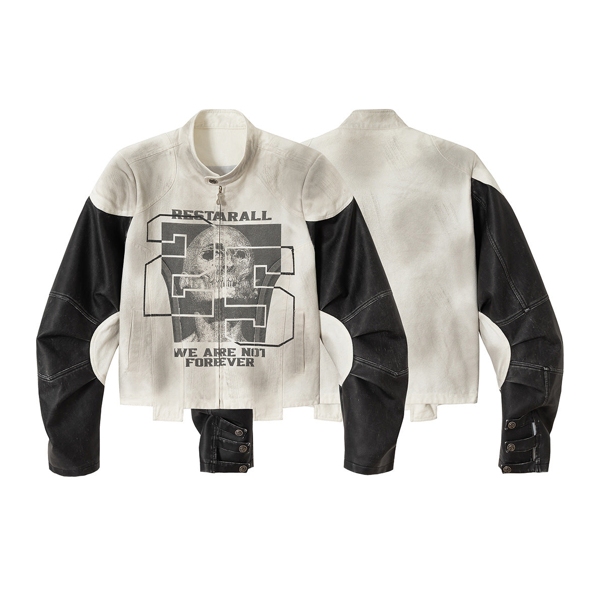 Veste moto à imprimé tête de mort – Blouson biker à col montant et manches bicolores en similicuir PU