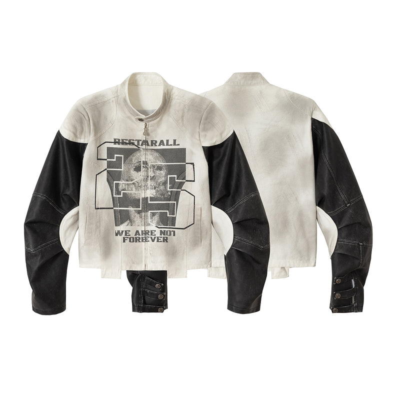 Veste moto à imprimé tête de mort – Blouson biker à col montant et manches bicolores en similicuir PU
