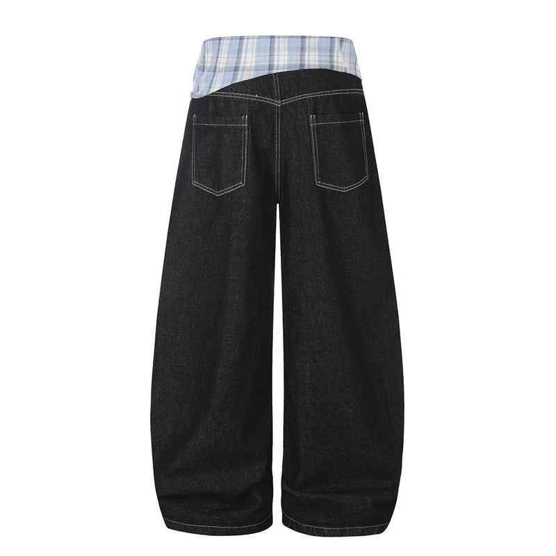 Wide Leg Black Jeans with Detachable Plaid Sash Belt