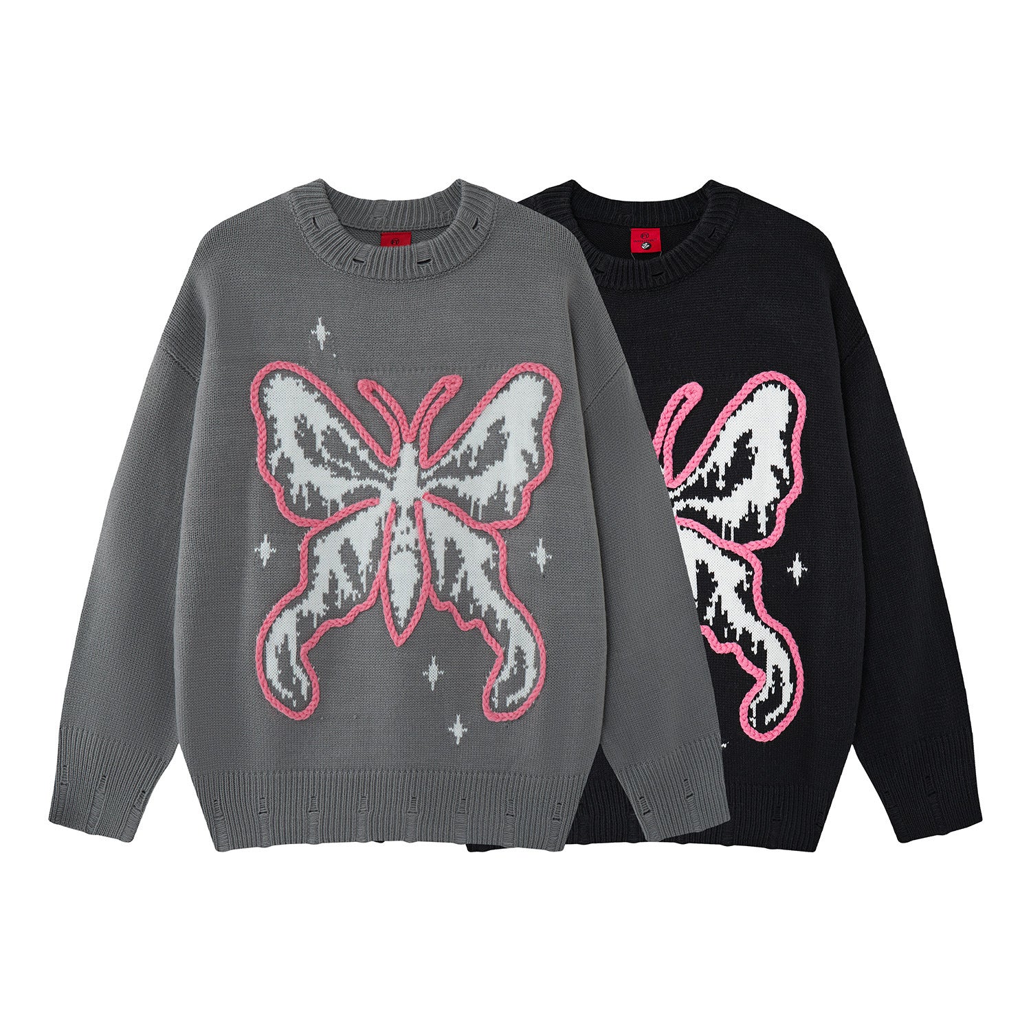 Pull en maille jacquard papillon – Col rond oversize avec broderie rose façon corde