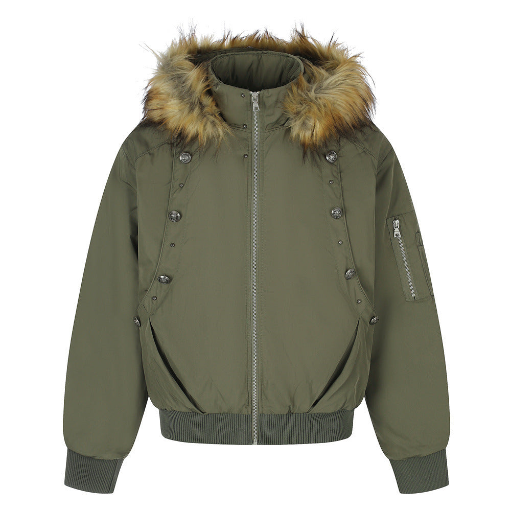 Men's Hooded Bomber Jacket with Detachable Fur-Trim Hood & Military Button