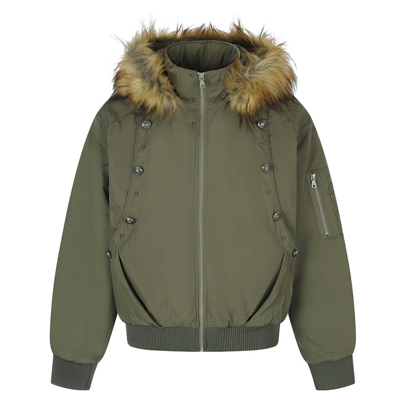 Men's Hooded Bomber Jacket with Detachable Fur-Trim Hood & Military Button