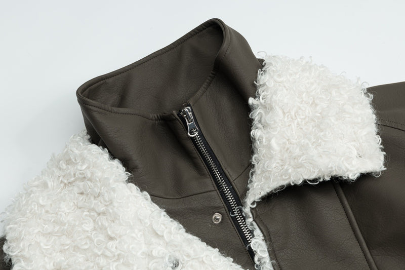 Veste en simili cuir et fourrure, bomber oversize à col sherpa