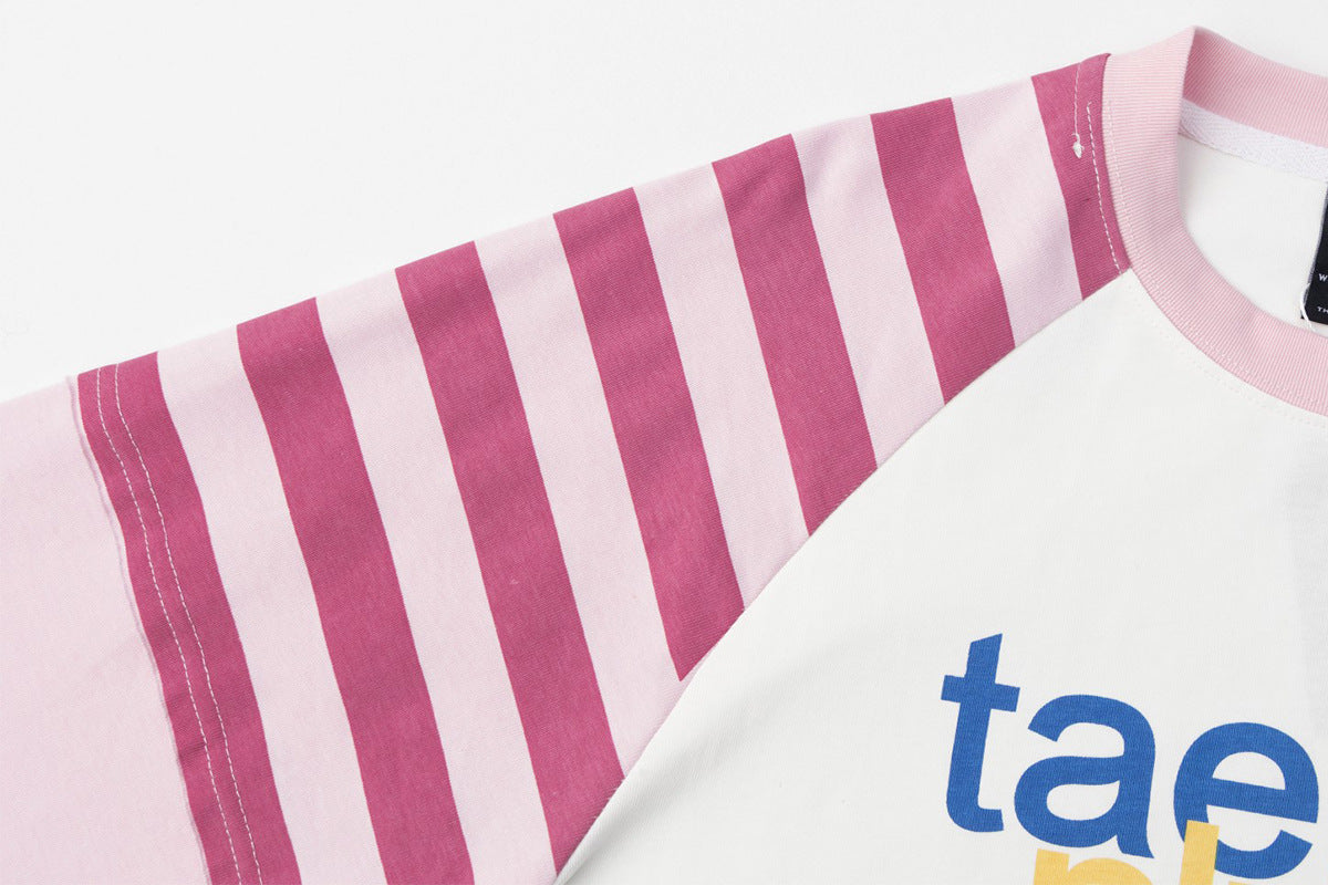 T-shirt baby tee manches longues colorblock à manches raglan, imprimé graphique – Pois et rayures