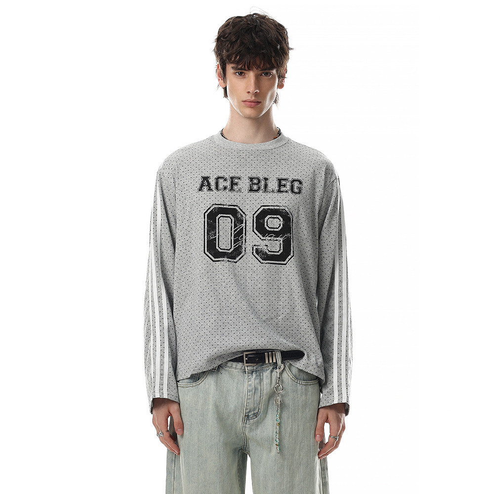 Men's Long Sleeve Tee Shirts – ACE BLEG 09 Varsity Number Polka-Dot Stripe Top