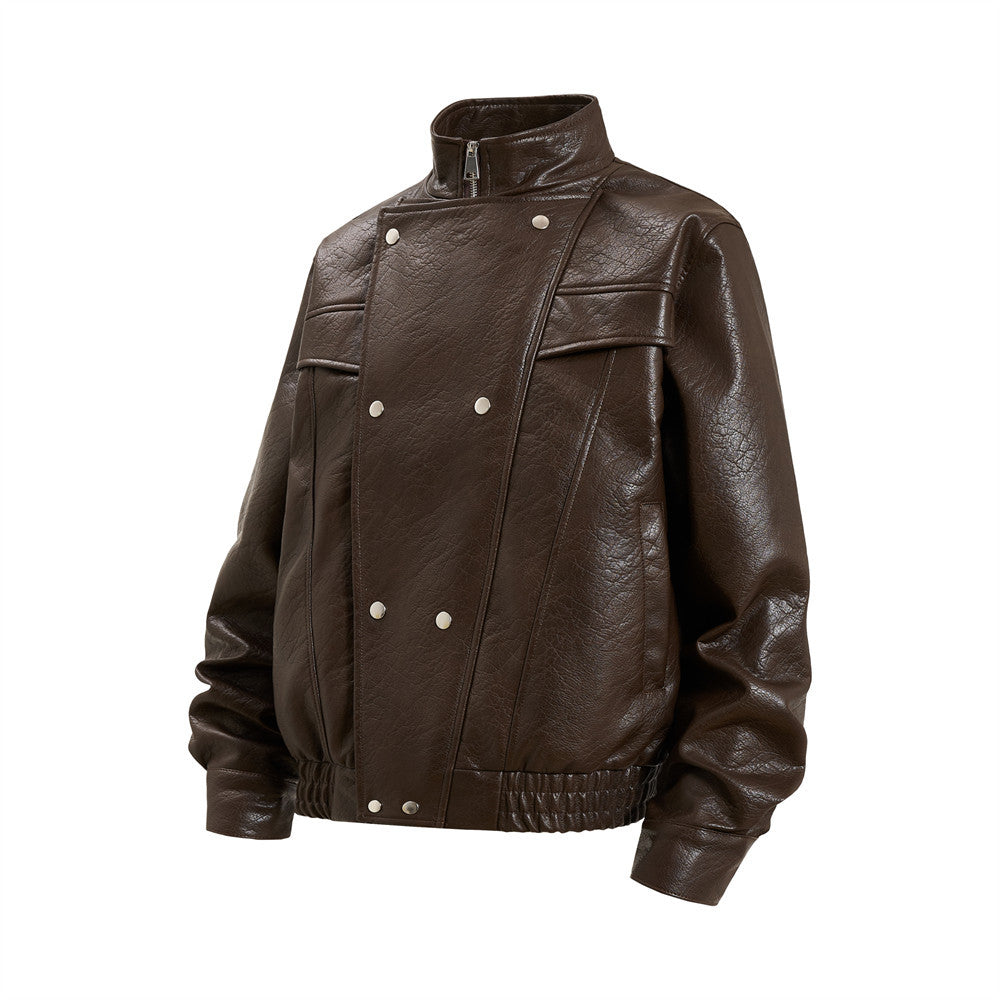 Men's Oversized PU Leather Bomber Jacket – Stand Collar Double-Breasted Snap