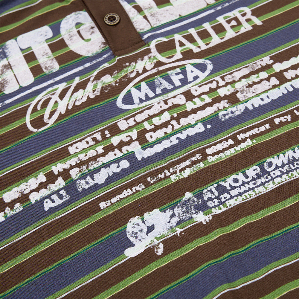 American Vintage Striped Henley Graphic T-Shirt – Oversized Short Sleeve