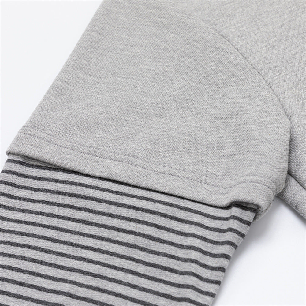Oversized Faux Two-Piece Polo Sweatshirt with Striped Sleeves and Letter Graphic