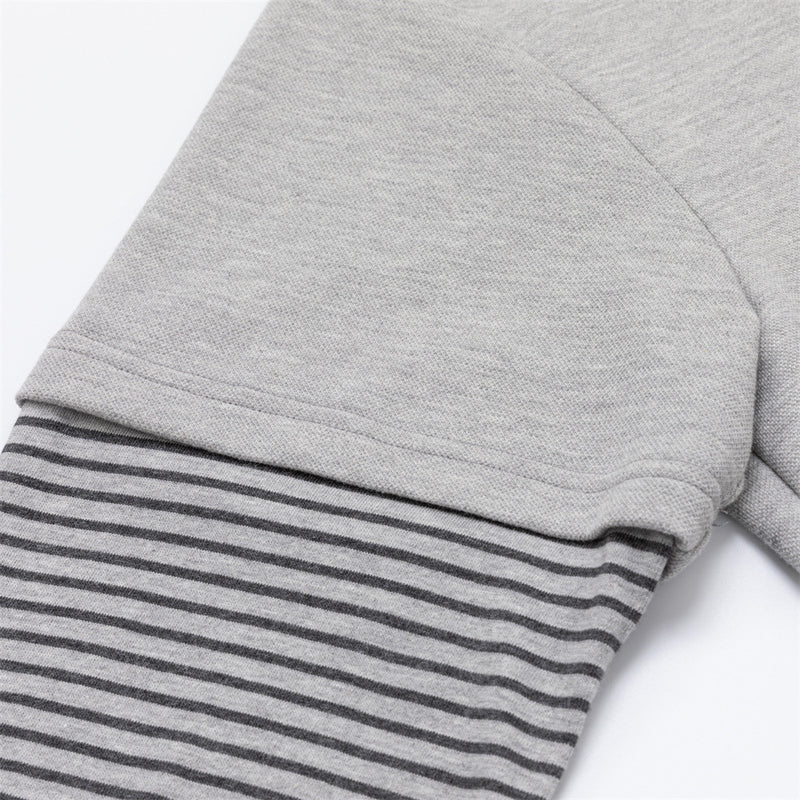 Oversized Faux Two-Piece Polo Sweatshirt with Striped Sleeves and Letter Graphic