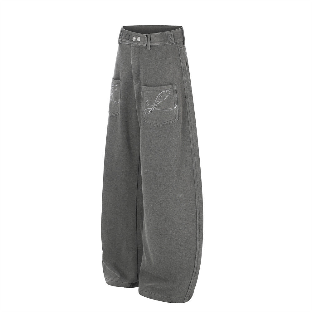 Wide-Leg Barrel Pants – Oversized Fit with Embroidered Pockets & Crossover