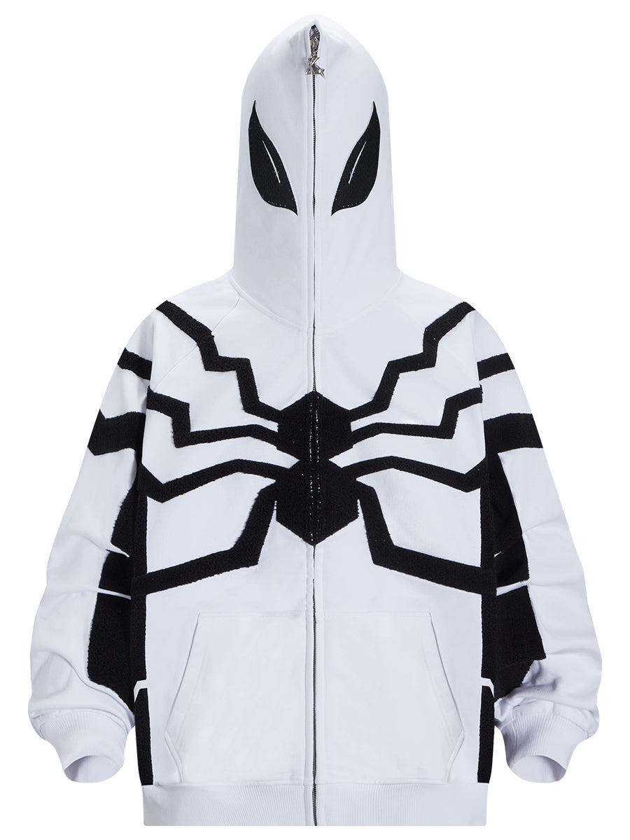 The Seakoff Venom-Inspired White Hoodie features plush 400GSM cotton and a full-zip front, with stylized black spider web designs and eyes on the hood, sleek black accents on arms and shoulders, plus practical front pockets for a striking superhero look.