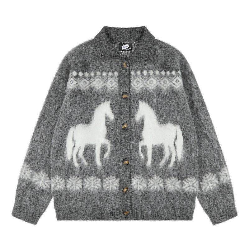 Cárdigan de Punto Jacquard con Caballos – Jersey Oversize de Punto Fair Isle con Botones