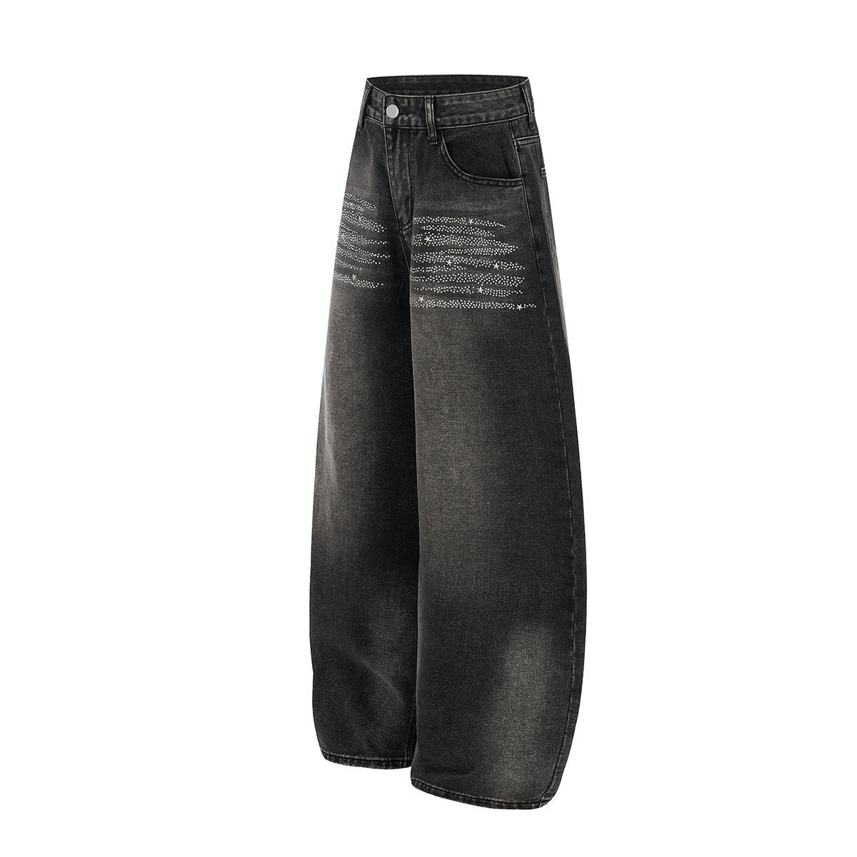 Jean baggy taille haute – Denim barrel à jambes larges avec étoiles en strass