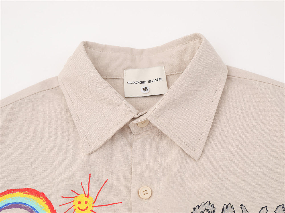 Close-up of beige shirt collar, button placket, and neck label