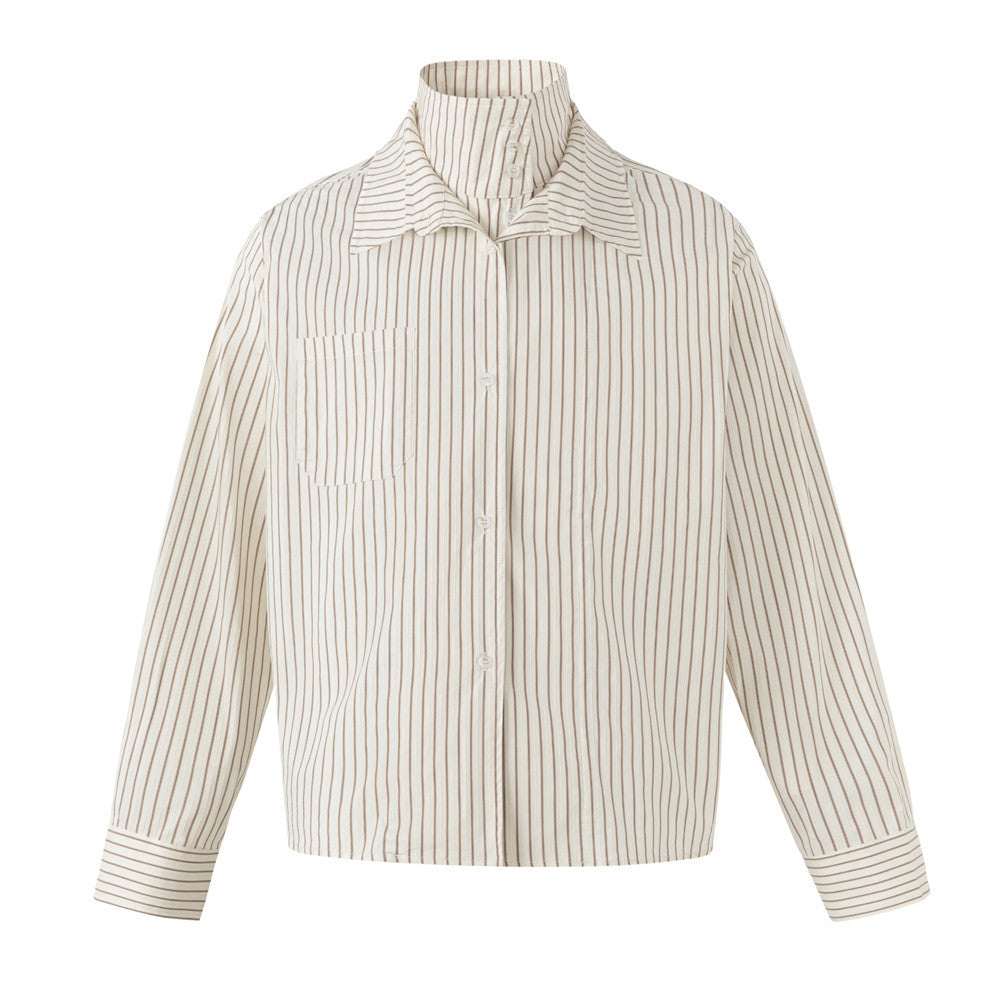 Men's oversized cream and brown pinstripe long sleeve shirt with double-layer convertible collar and hidden button placket