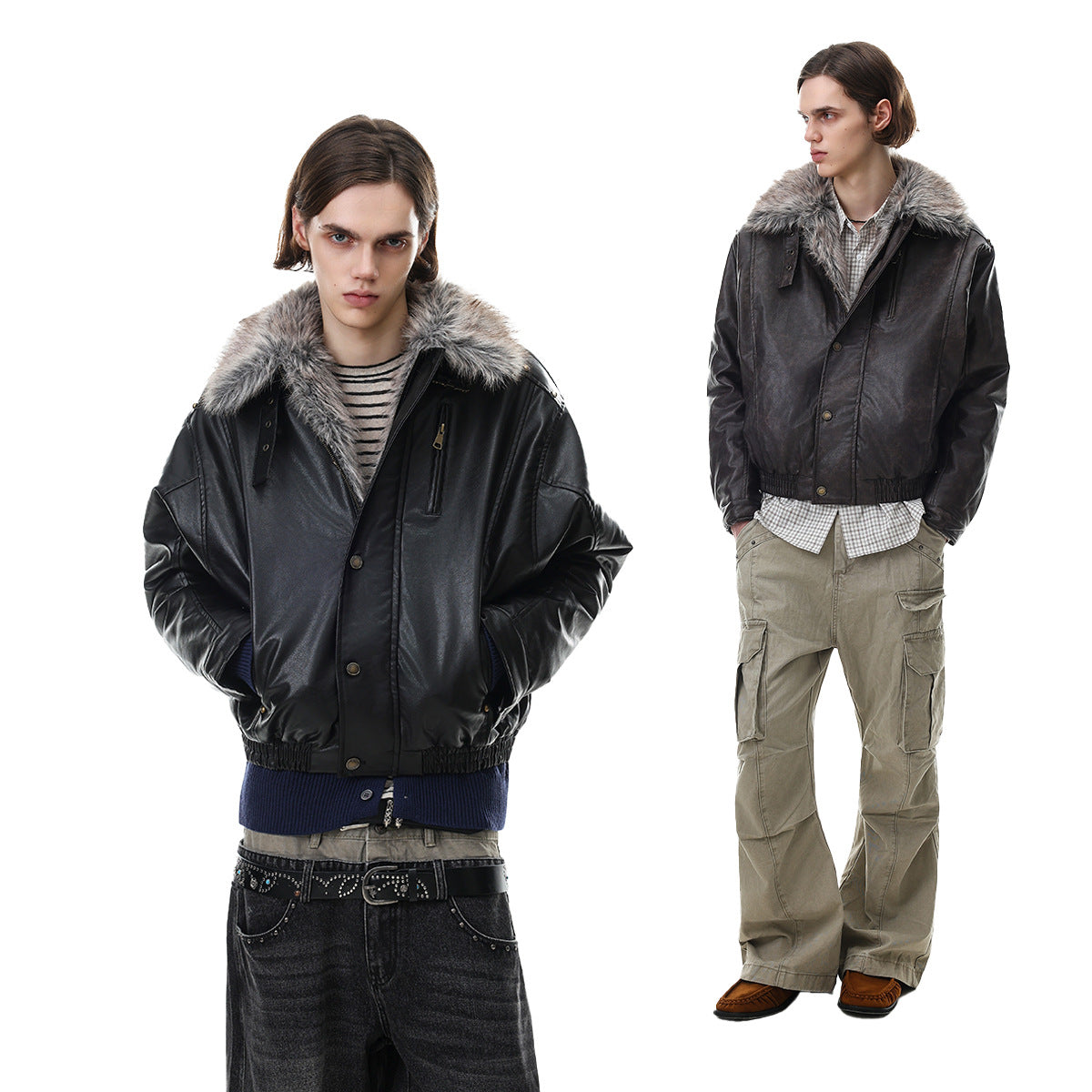 Black faux leather bomber jacket with gray fur collar shown on two models in front views