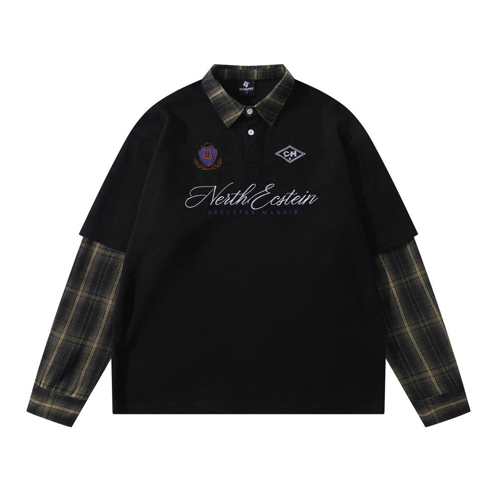 Oversized faux two-piece plaid splice long sleeve polo shirt with collegiate embroidery in black colorway, front view