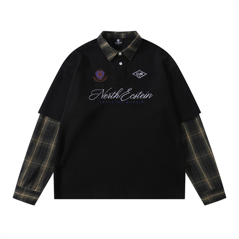 Oversized faux two-piece plaid splice long sleeve polo shirt with collegiate embroidery in black colorway, front view