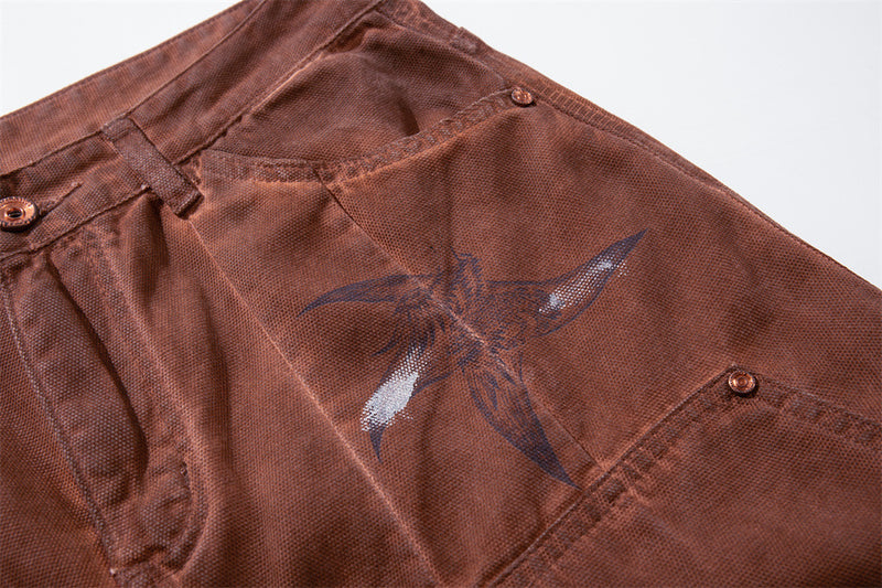 Wide-Leg Cargo Pants – Washed Brown Bird Print, Baggy Fit