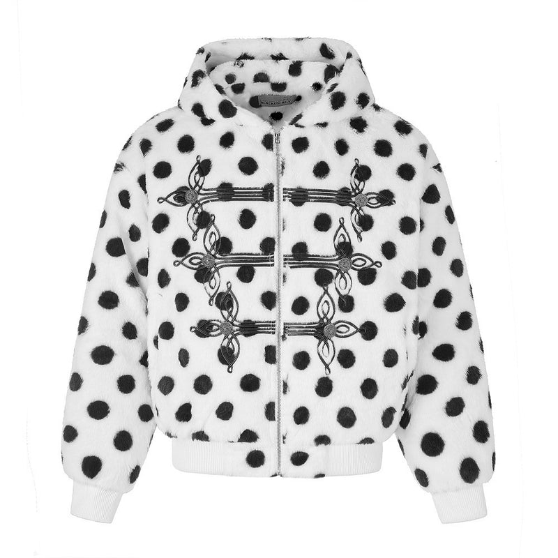 Polka Dot Faux Mink Hooded Zip Jacket – Oversized Streetwear Coat with Ornate