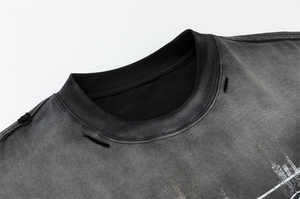 Oversized Faux-Layer Long Sleeve Tee with Camo Splice & Distressed Washed Print