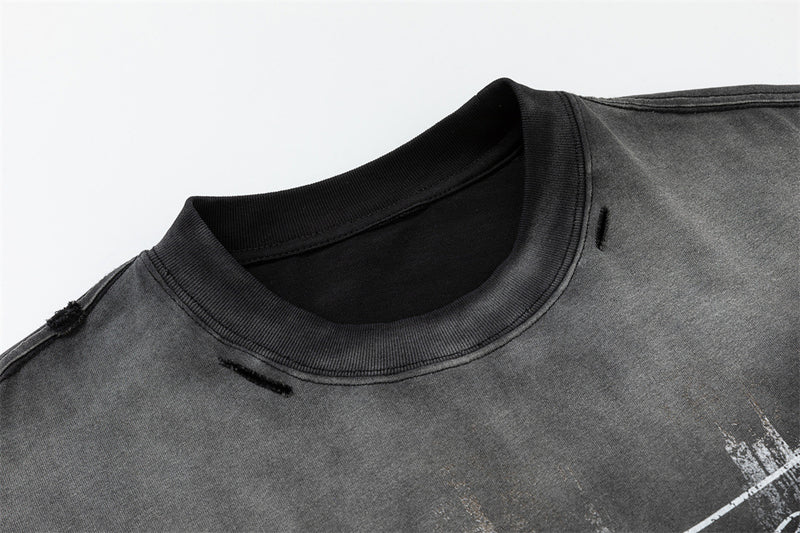 Oversized Faux-Layer Long Sleeve Tee with Camo Splice & Distressed Washed Print