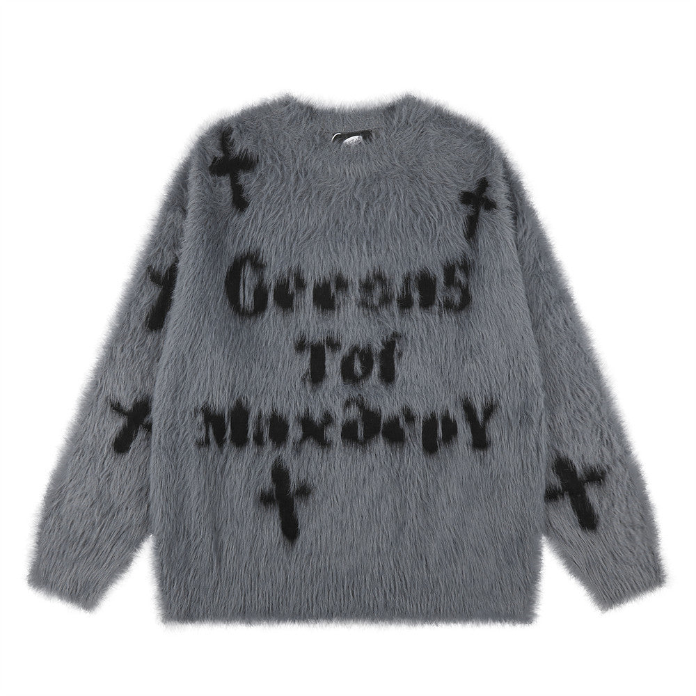 Pull homme oversize en maille jacquard croix duveteuse – Pull gothique à col rond