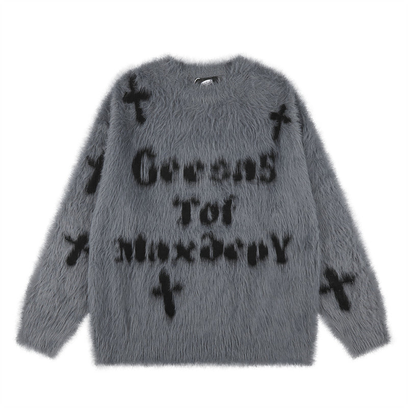Pull homme oversize en maille jacquard croix duveteuse – Pull gothique à col rond