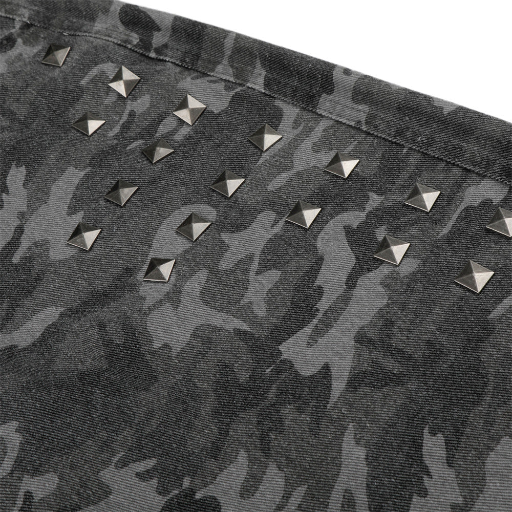Camo Wide-Leg Jeans with Metal Studs – Punk Streetwear Barrel Fit