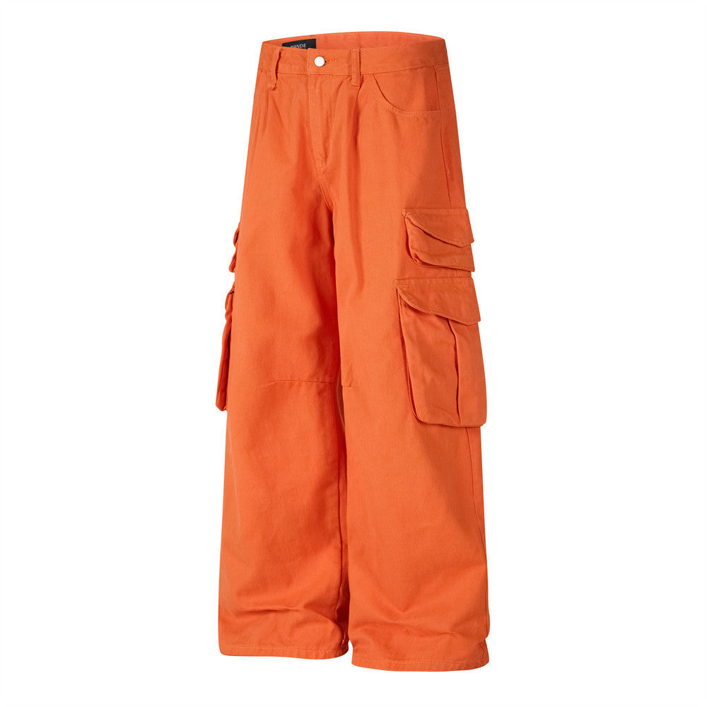 Wide-Leg Cargo Pants – Relaxed Fit Multi-Pocket Straight Trousers in Orange
