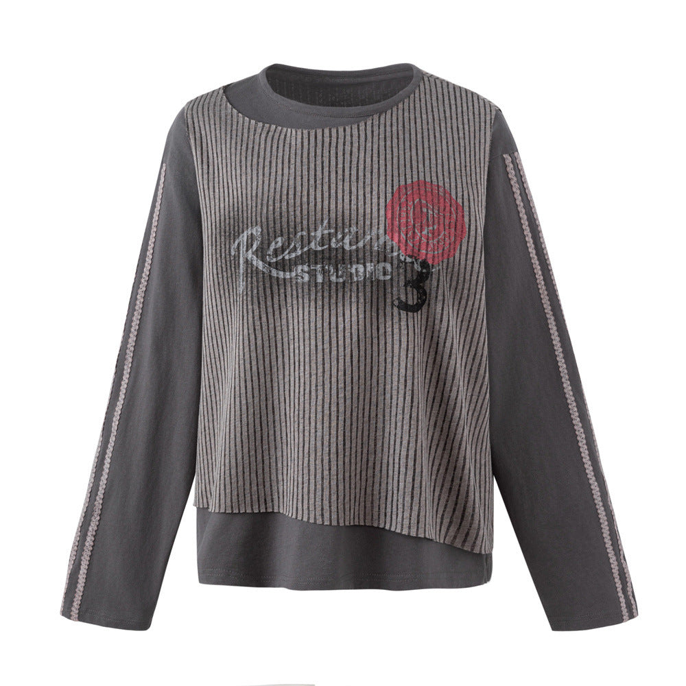 Men's oversized dark grey faux two-piece long-sleeve tee with vertical ribbed stripe knit panels and distressed chest graphic
