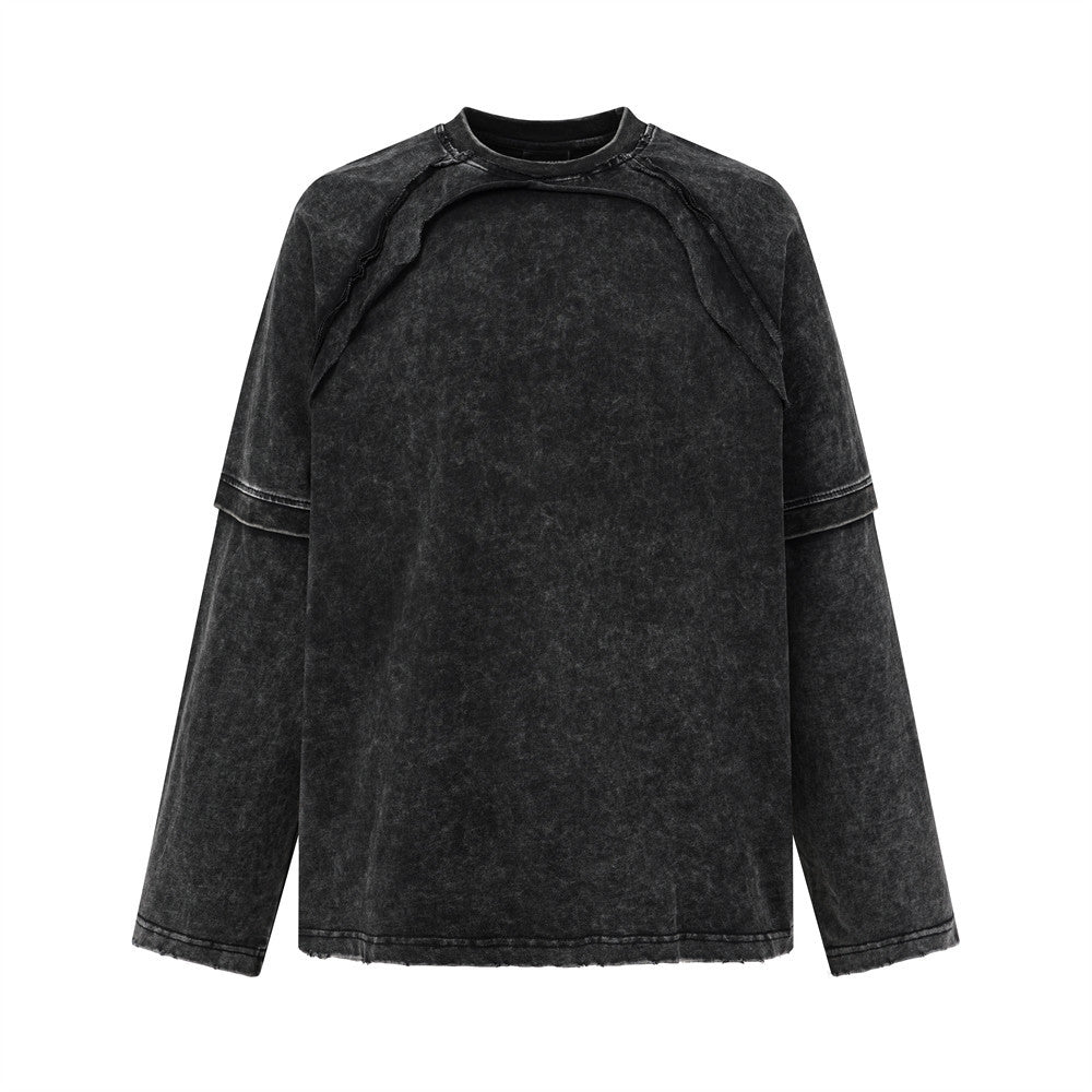 T-shirt à col rond et manches longues pour homme, effet double épaisseur, oversize, délavage acidulé et ourlet brut, noir délavé