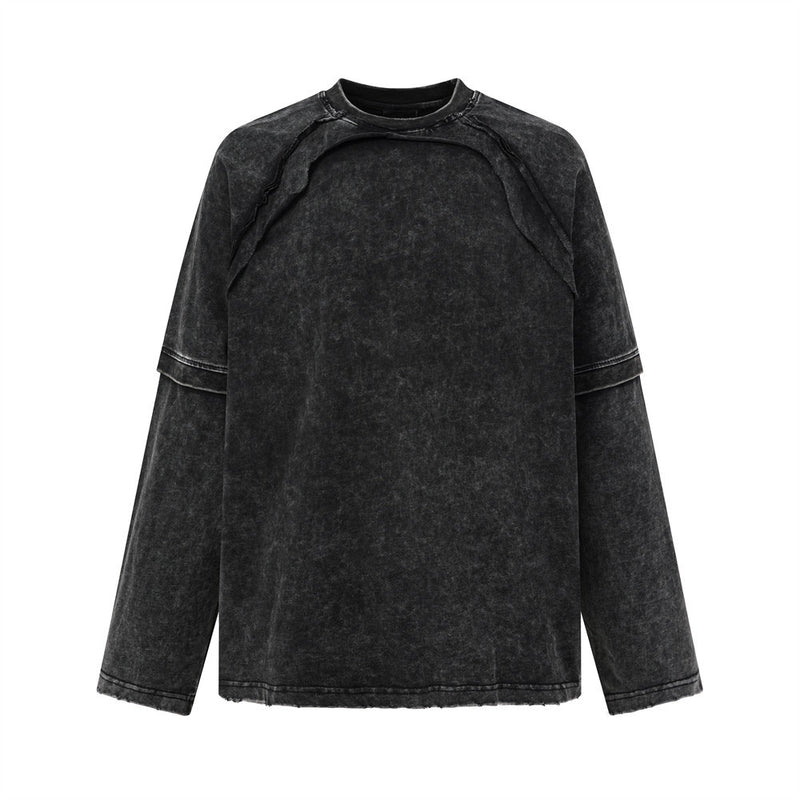 T-shirt à col rond et manches longues pour homme, effet double épaisseur, oversize, délavage acidulé et ourlet brut, noir délavé