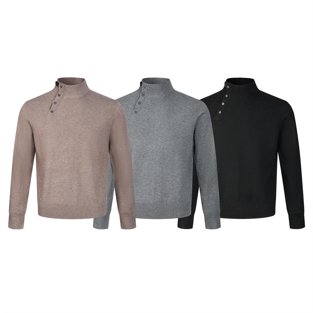 Men's mock neck button-placket pullover sweater in black, grey, and coffee brown colorways