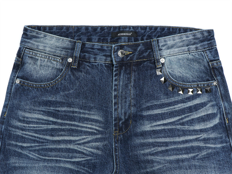 Men's Wide-Leg Jeans – Washed Dark Blue Denim with Stud Trim & Wavy Whisker