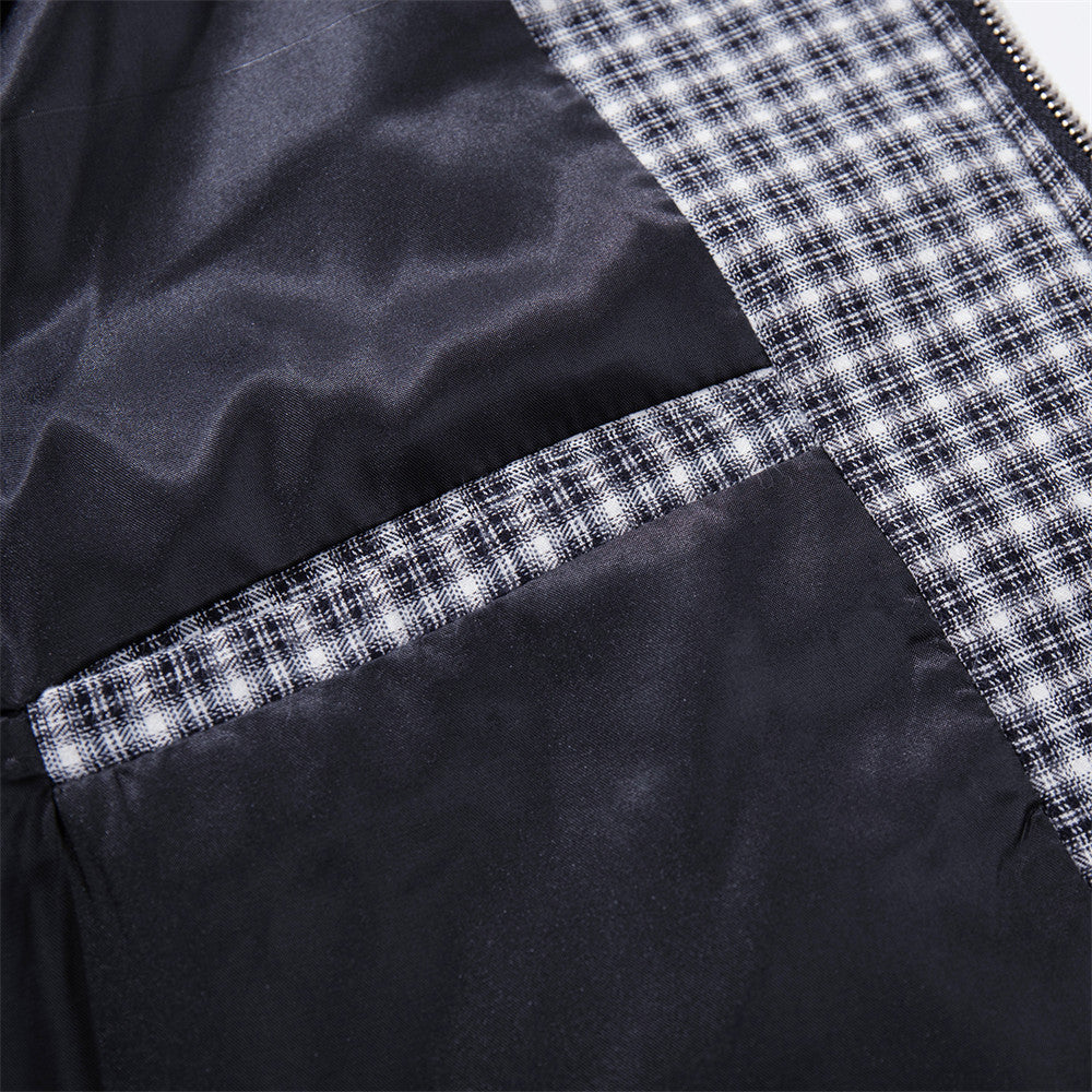 Plaid Zip-Up Bomber Jacket – Relaxed Fit Spread Collar Short Outerwear