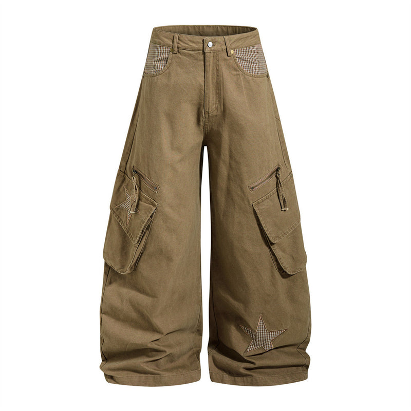 Wide-leg baggy cargo pants in military green and khaki brown with star patch appliqué and multi-pocket design