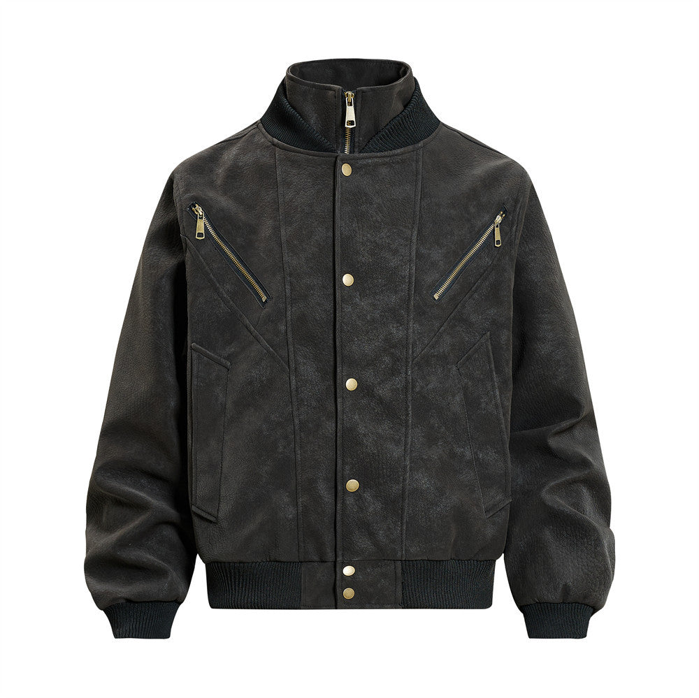 Men's oversized distressed PU leather bomber jacket with stand collar, dual zip chest pockets, and snap-button front in black