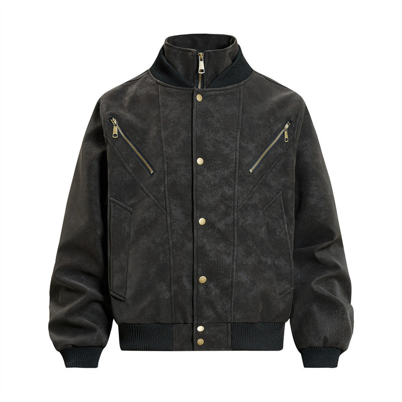 Men's oversized distressed PU leather bomber jacket with stand collar, dual zip chest pockets, and snap-button front in black