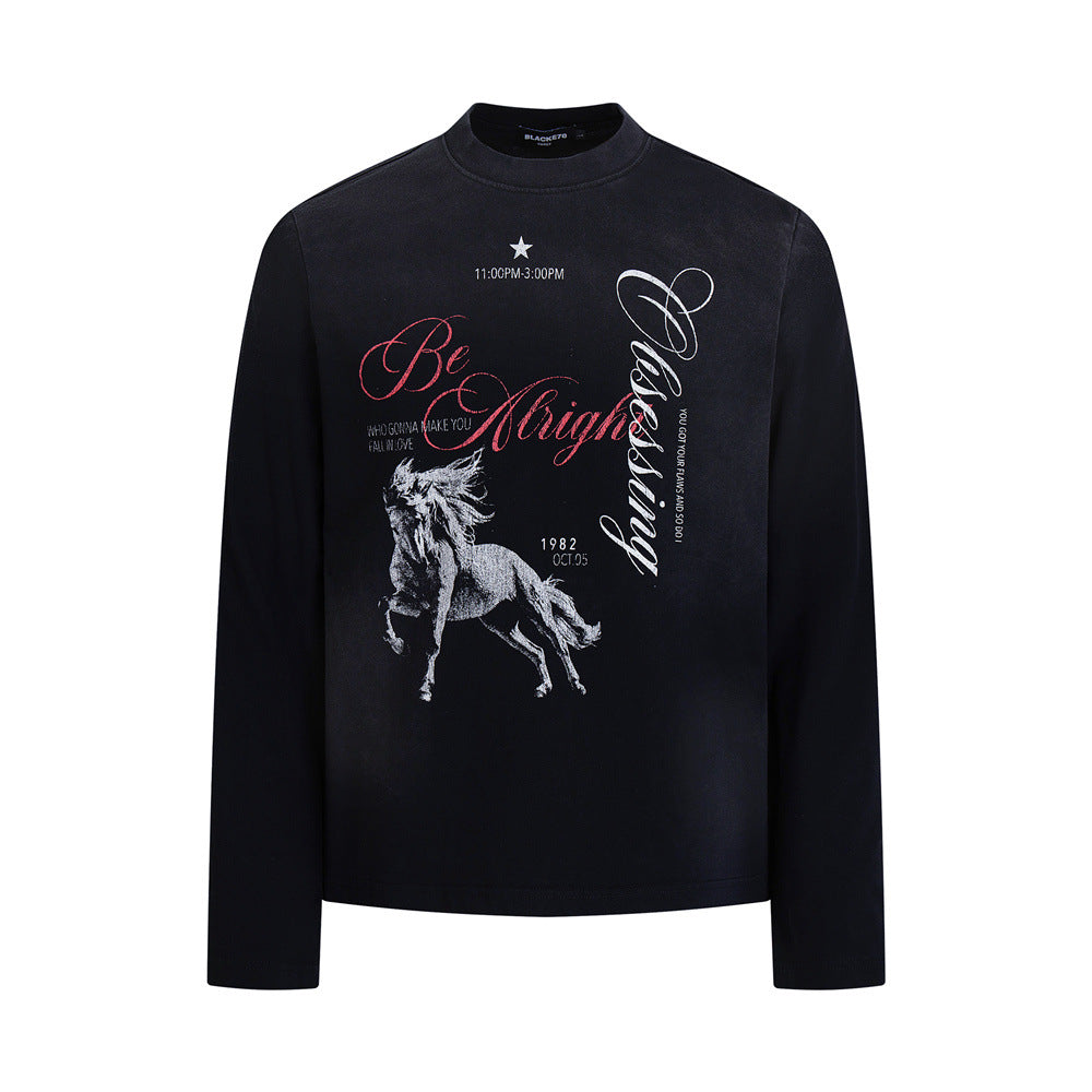 BLACK676 galloping horse graphic long-sleeve tee in vintage washed black with script lettering on chest