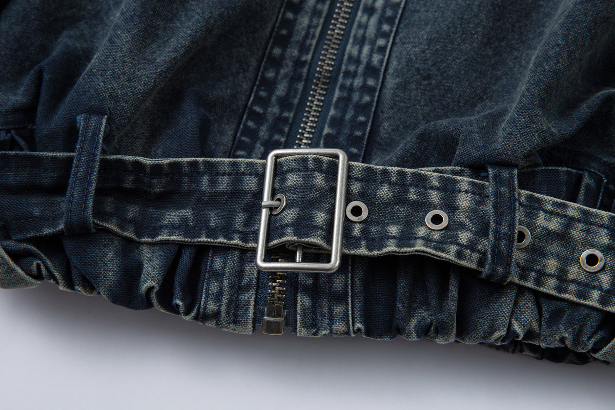 Oversized Washed Denim Jacket – Boxy Belted Hem, Acid-Wash Workwear Style