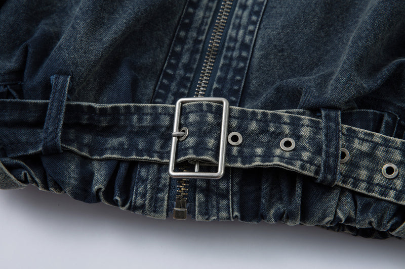 Oversized Washed Denim Jacket – Boxy Belted Hem, Acid-Wash Workwear Style