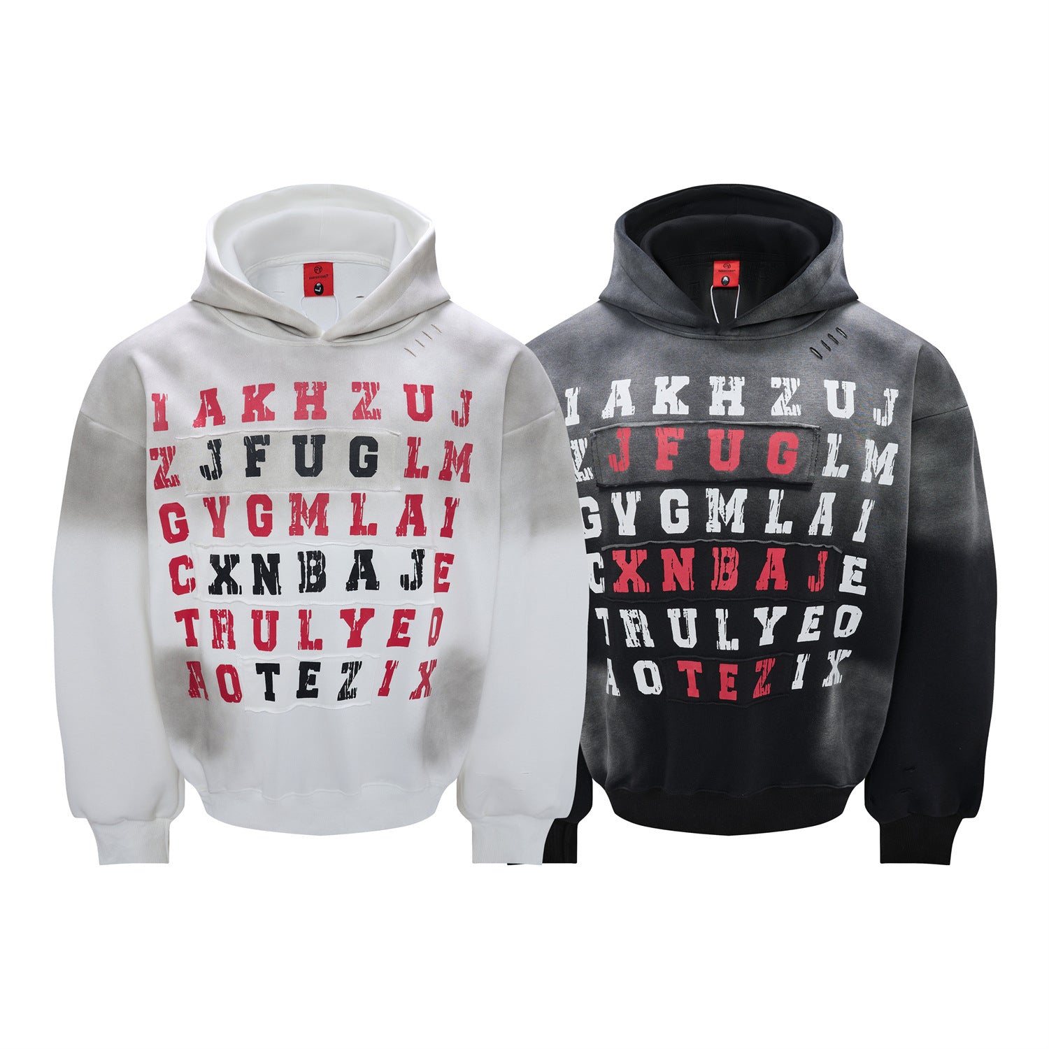 Letter Grid Oversized Hoodie – Acid-Washed Distressed Streetwear Pullover