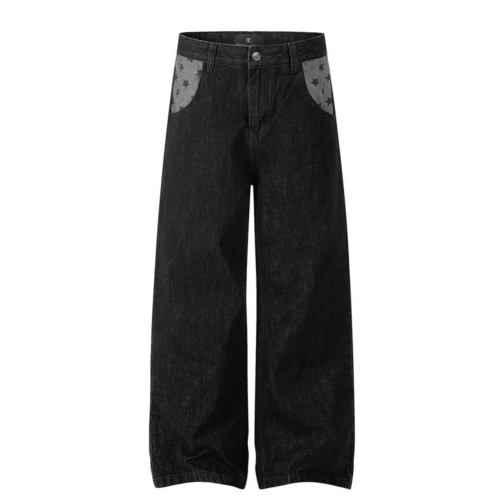 Men's black wide-leg jeans with grey star-print contrast front and back pockets, front and back view
