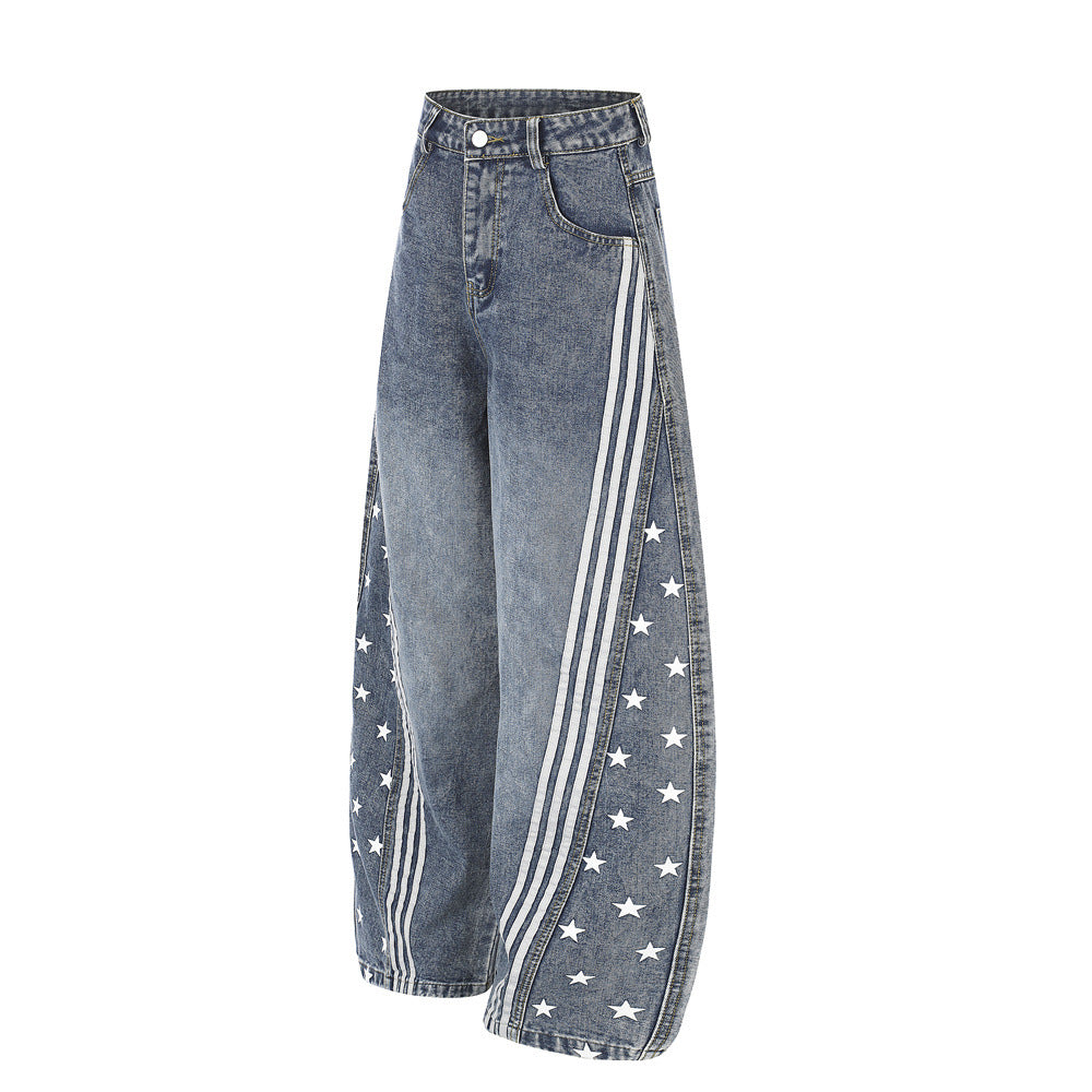Baggy-Jeans für Herren in Schwarz – Sternprint & Wide-Leg-Denim mit drei Streifen