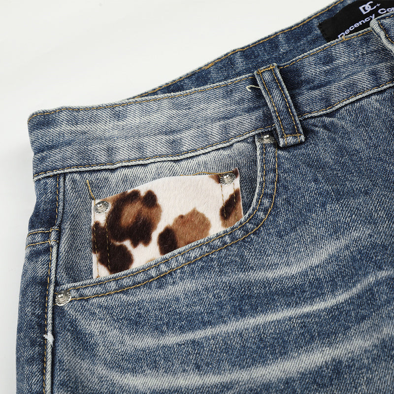 Wide-Leg-Jeans für Herren – Verwaschener Blue-Gradient-Denim mit Sternpatch & Kontrastdetails