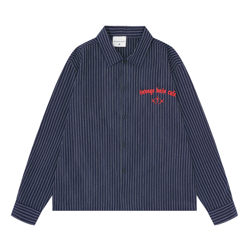 Relaxed-fit striped long sleeve shirt with gothic red embroidery on chest and back, shown in navy blue colorway