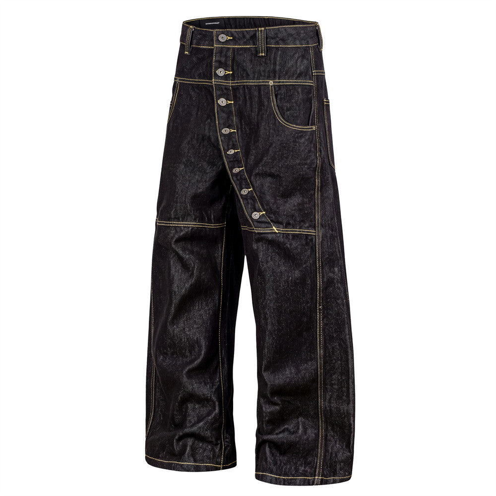 Men's Raw Black Denim Wide-Leg Jeans – Deconstructed Button Fly & Diagonal Seam