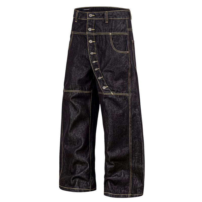 Men's Raw Black Denim Wide-Leg Jeans – Deconstructed Button Fly & Diagonal Seam
