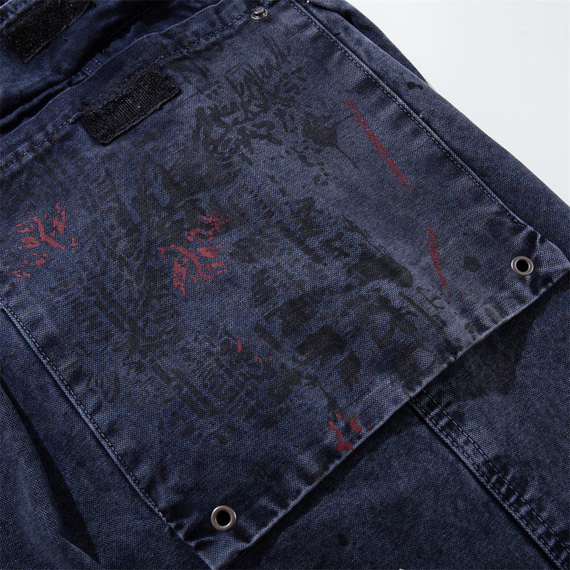 Paint Splatter Cargo Denim Shorts – Wide-Leg Washed Streetwear